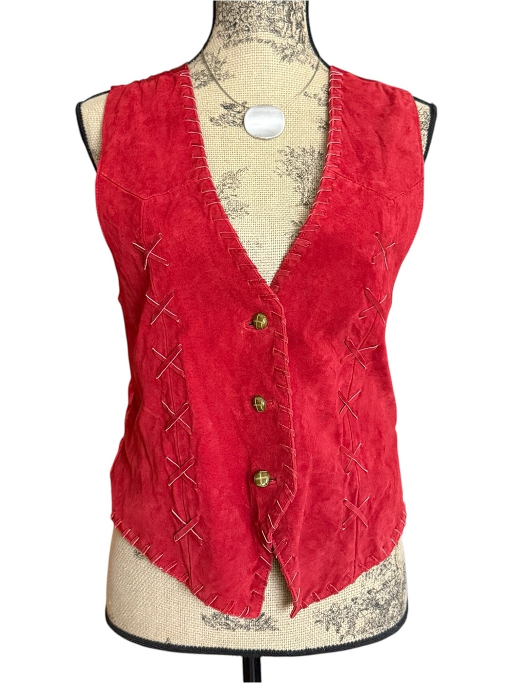 Vintage Red Suede Vest with Lace-Up Details Size L